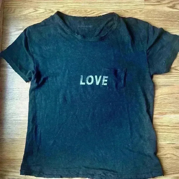 Zadig & Voltaire- Small Black Distressed LOVE T-Shirt - Picture 1 of 9